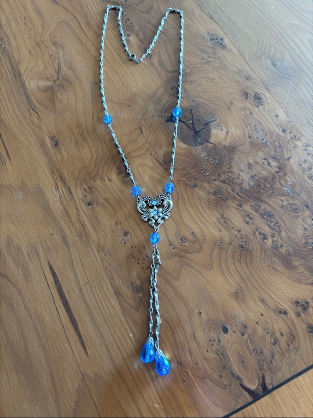 Blue Teardrop Pendant Y Necklace with Heart Motif